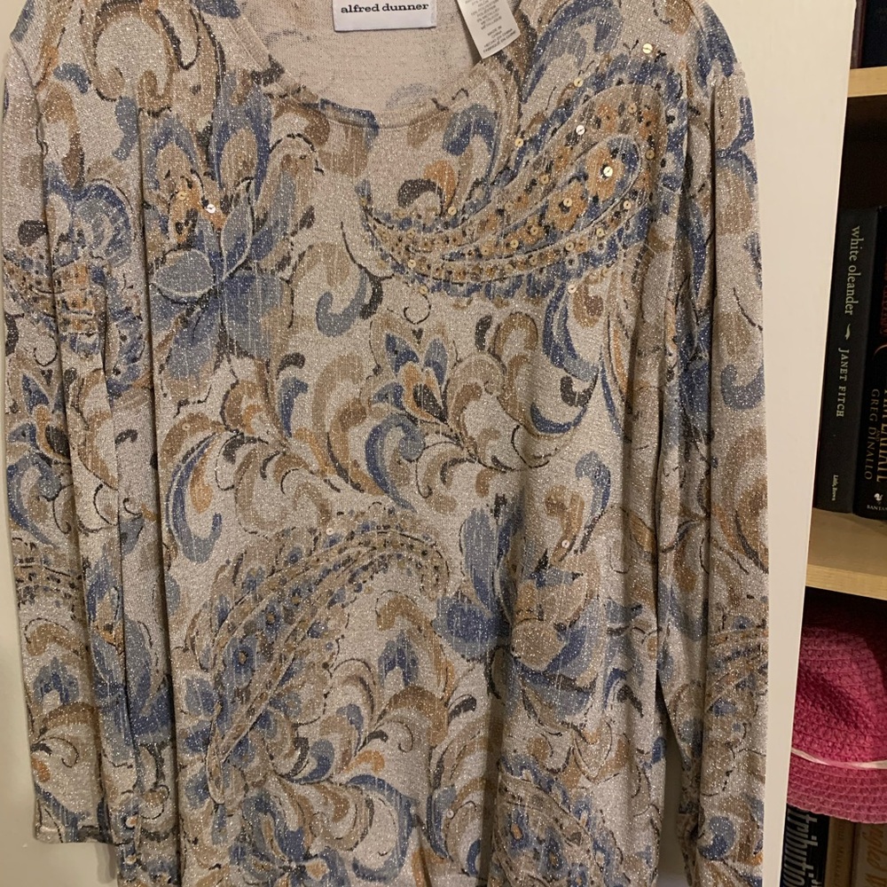 Alfred Dunner Blue and Tan Paisley Sequin Blouse